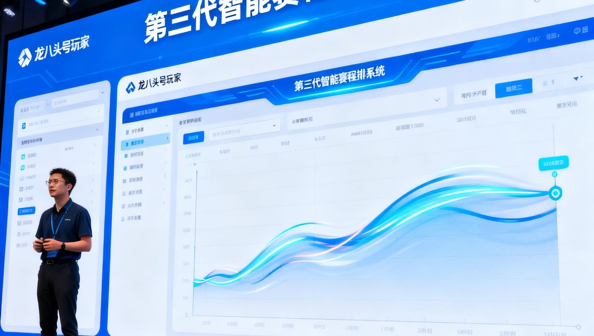 龙八头号玩家发布第三代智能赛程编排系统，大屏幕上展示着全新的用户界面和数据可视化图表