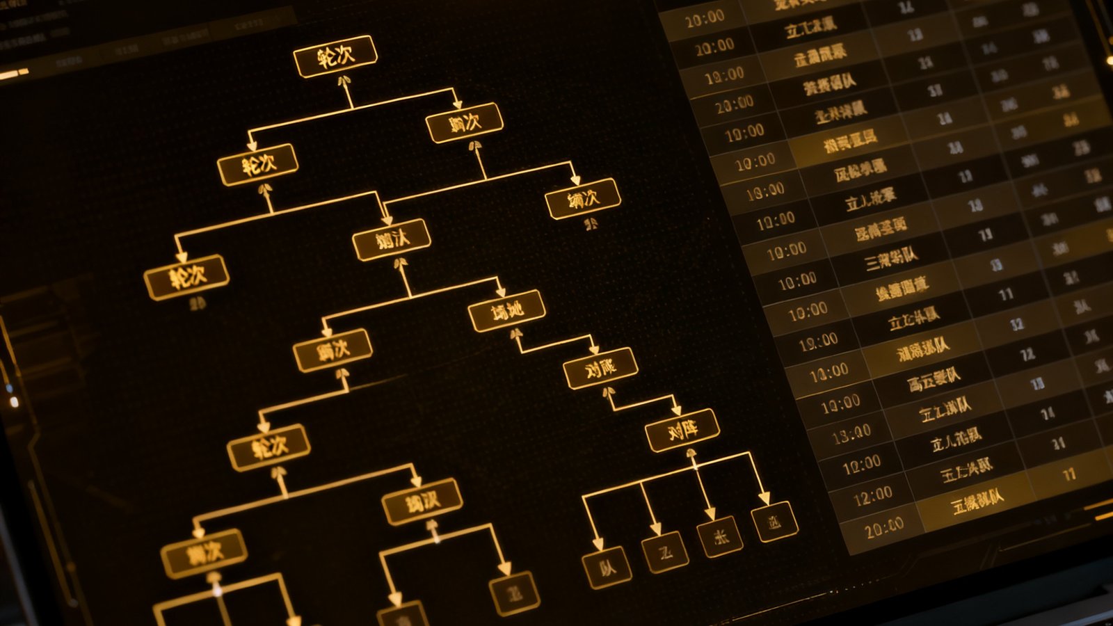 龙八头号玩家自主研发的智能赛程编排系统界面，屏幕上显示着复杂的淘汰赛对阵图表和时间安排表格，界面采用深色主题配金色高亮